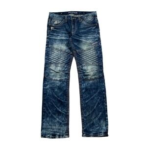 Y2K Affliction Jeans Ace Mens Double Knees 35x32 Blue Wash Grunge Patches Stitch
